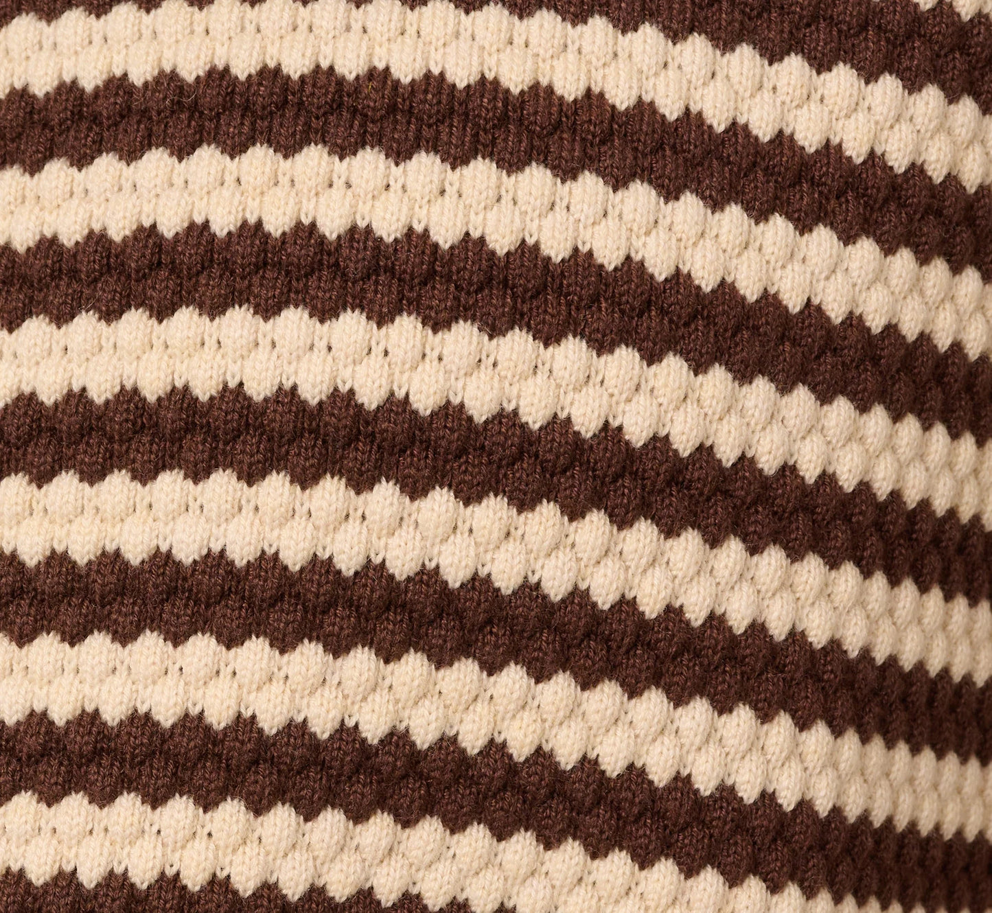Crew Neck Button Front Striped Pointelle Cardigan Sweater In Cream Dark Brown