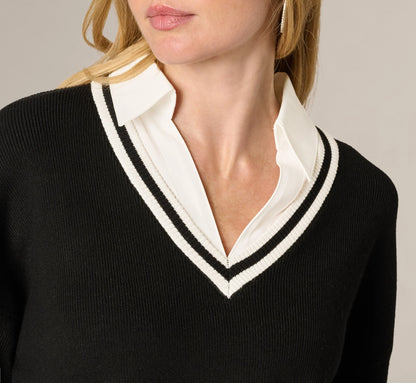 Long Sleeve Drop Shoulder Twofer Sweater In Black Ivory