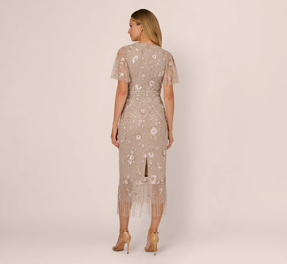 Flutter Sleeve Floral Beaded Fringe Midi Dress In Marble
