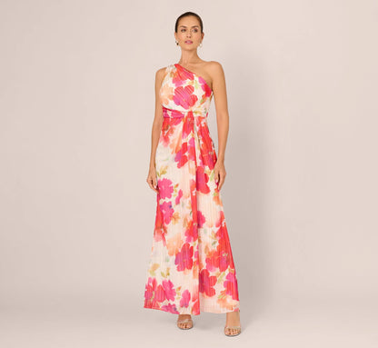 One Shoulder Watercolor Floral Stripe Gown In Ivory Pink Multi