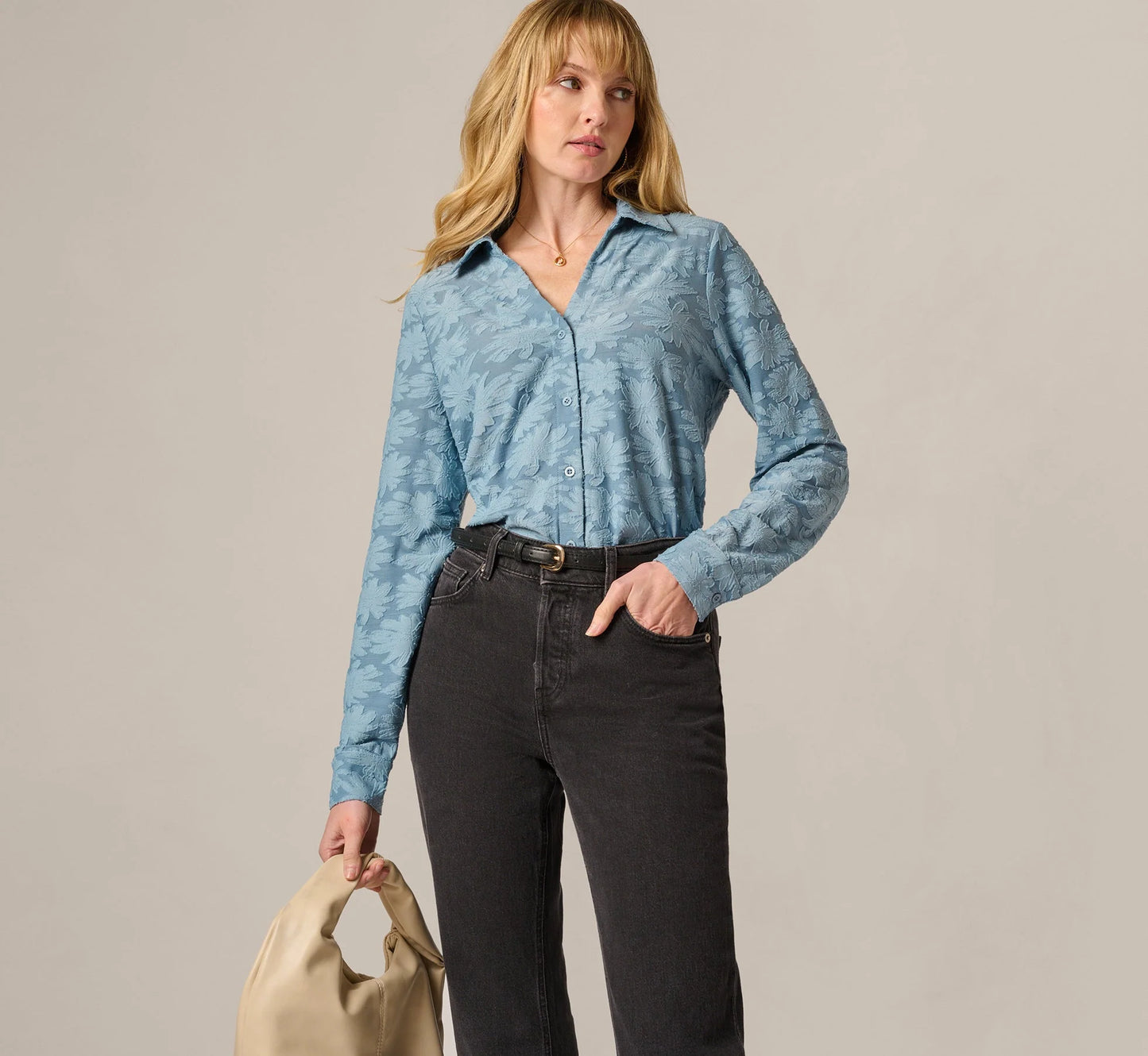 Long Sleeve Semisheer Burnout Floral Blouse In Stone Blue