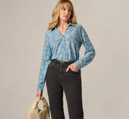 Long Sleeve Semisheer Burnout Floral Blouse In Stone Blue