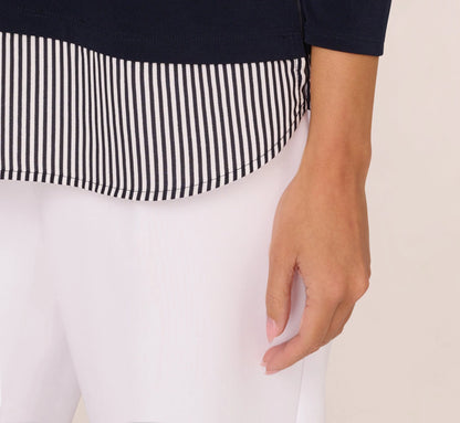 Three Quarter Sleeve Sweater With Button Down Accents In Navy W  Navy Ivry Small Stripe