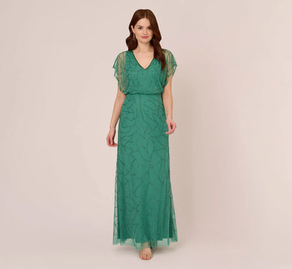 Beaded Blouson Mermaid Gown With Sheer Dolman Sleeves In Jungle Green