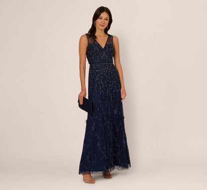 Sleeveless Illusion 3D Petal Beaded Gown In Light Navy