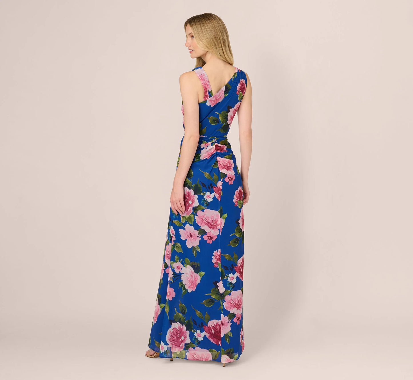 Asymmetrical Draped Floral Chiffon Gown In Dark Blue Multi