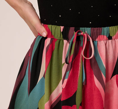Printed A Line Drawstring Midi Skirt In Mosiac Leaves