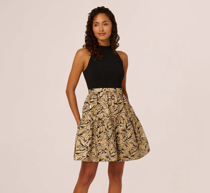 Sleeveless Jacquard Flounce Combo Dress In Black Gold