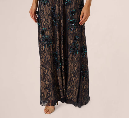Sleeveless Sequin Floral Lace Gown In Midnight Multi Nude