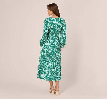 Printed Faux Wrap Dress With Bishop Long Sleeves In Green Ivory