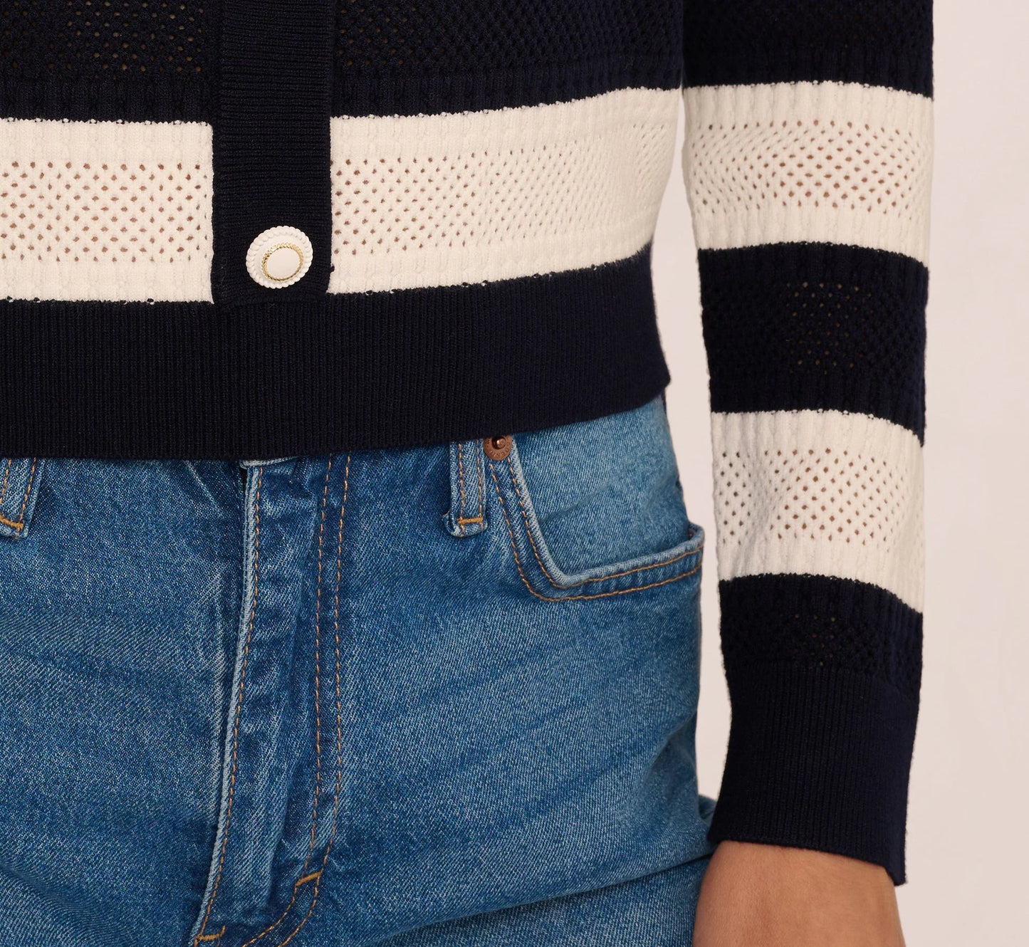 Striped Open Knit Sailor Collar Cardigan In Blue Moon Ivory