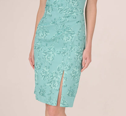 Cap Sleeve Floral Jacquard Bow Midi Dress In Teal