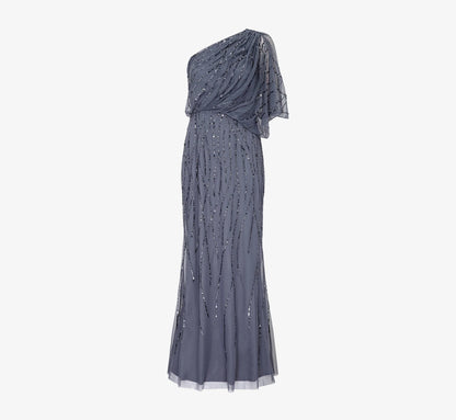 Draped One Shoulder Dress With Sequin Detail In Dusty Blue