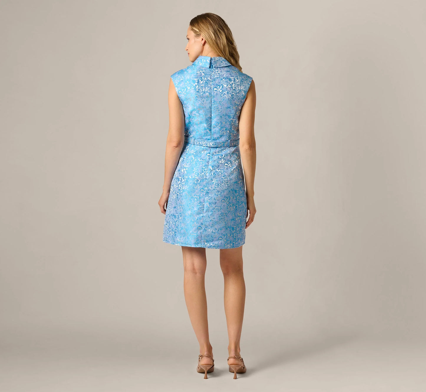 Floral Jacquard Collared Sheath Dress In Blue Multi