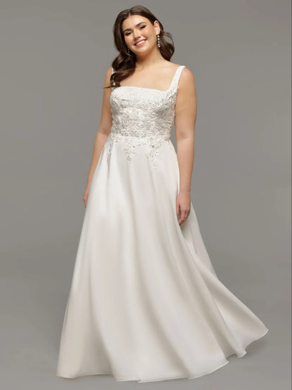 CHIFFON A LINE WEDDING DRESS WITH BEADED LACE