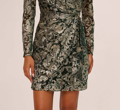 Long Sleeve Metallic Sheath Dress In Green Gold
