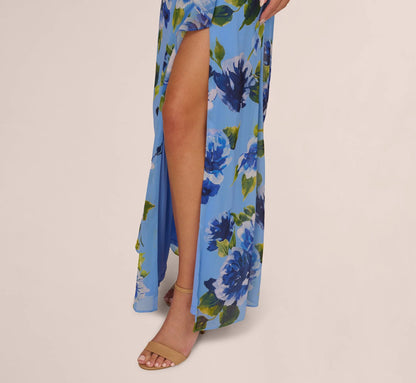 Asymmetrical Draped Floral Chiffon Gown In Blue Multi