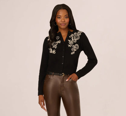 Floral Embroidered Cardigan Sweater In Black Cream