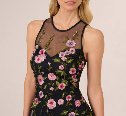 Floral Embroidered Illusion Midi Dress In Midnight Multi