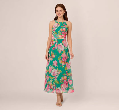 Floral Chiffon Halter Midi Dress In Green Multi