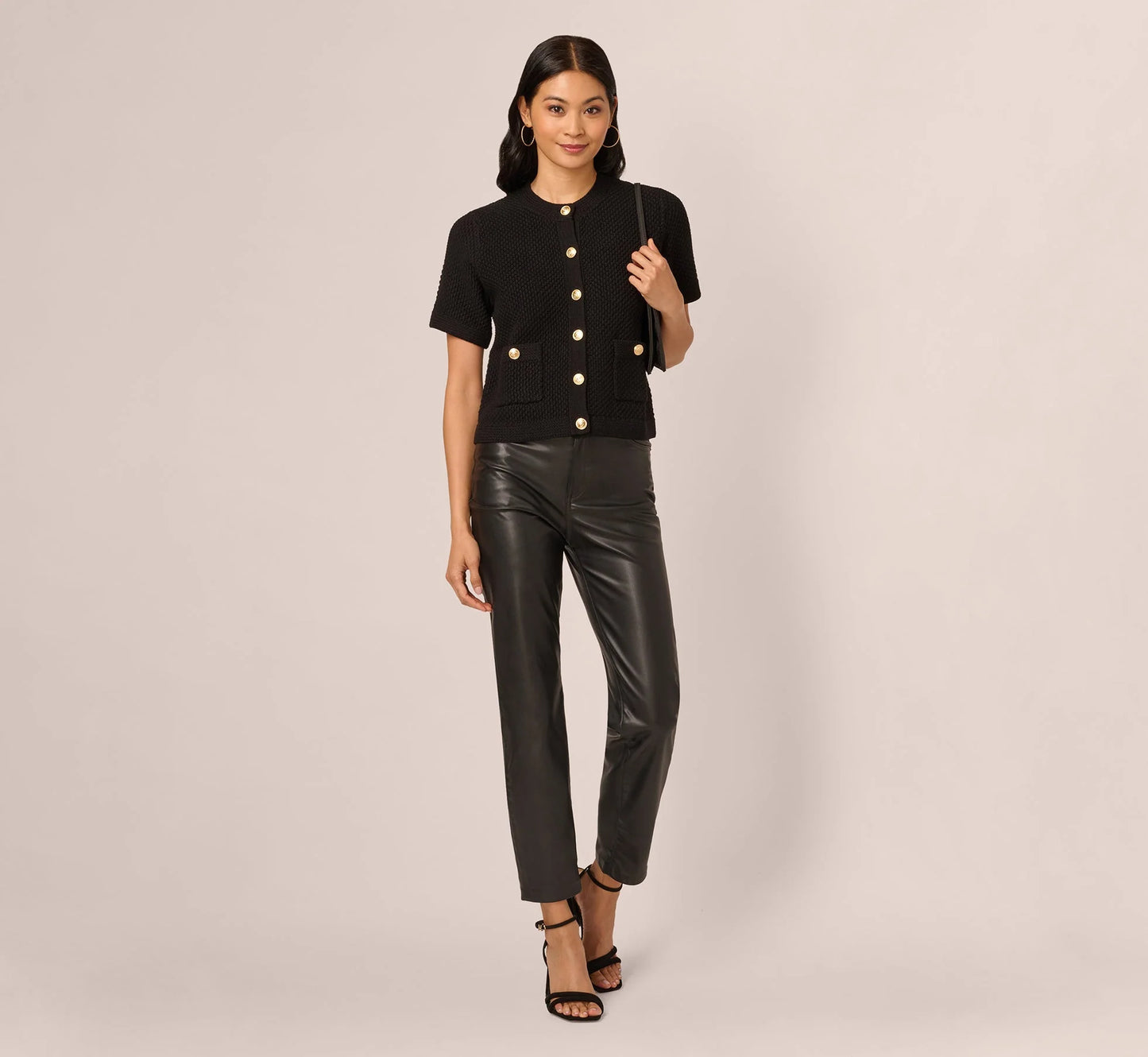 Short Sleeve Textured Cardigan Sweater In Black