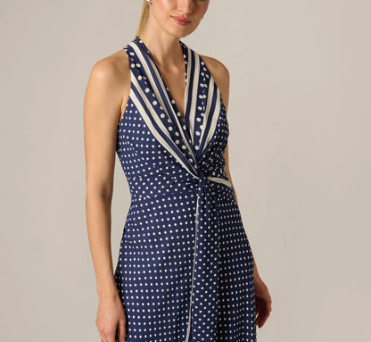 Dot Print Chiffon Halter Maxi Dress With Sash Waist In Navy Ivory