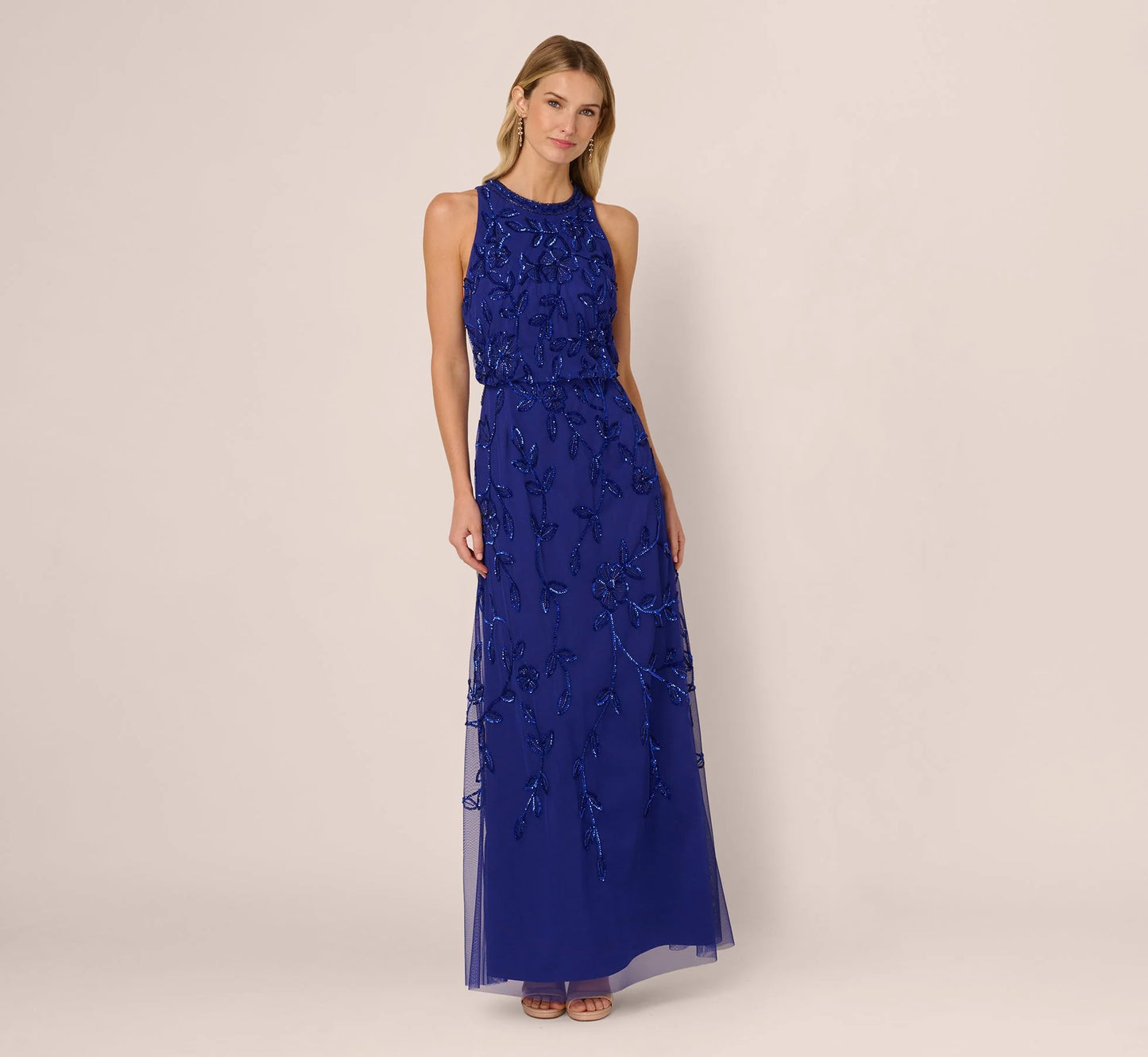 Sleeveless Blouson Mermaid Gown With Jasmine Beading In Dark Blue Violet