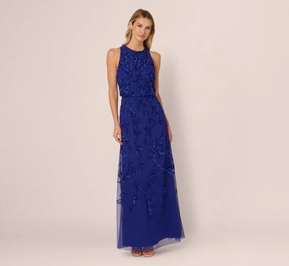 Sleeveless Blouson Mermaid Gown With Jasmine Beading In Dark Blue Violet