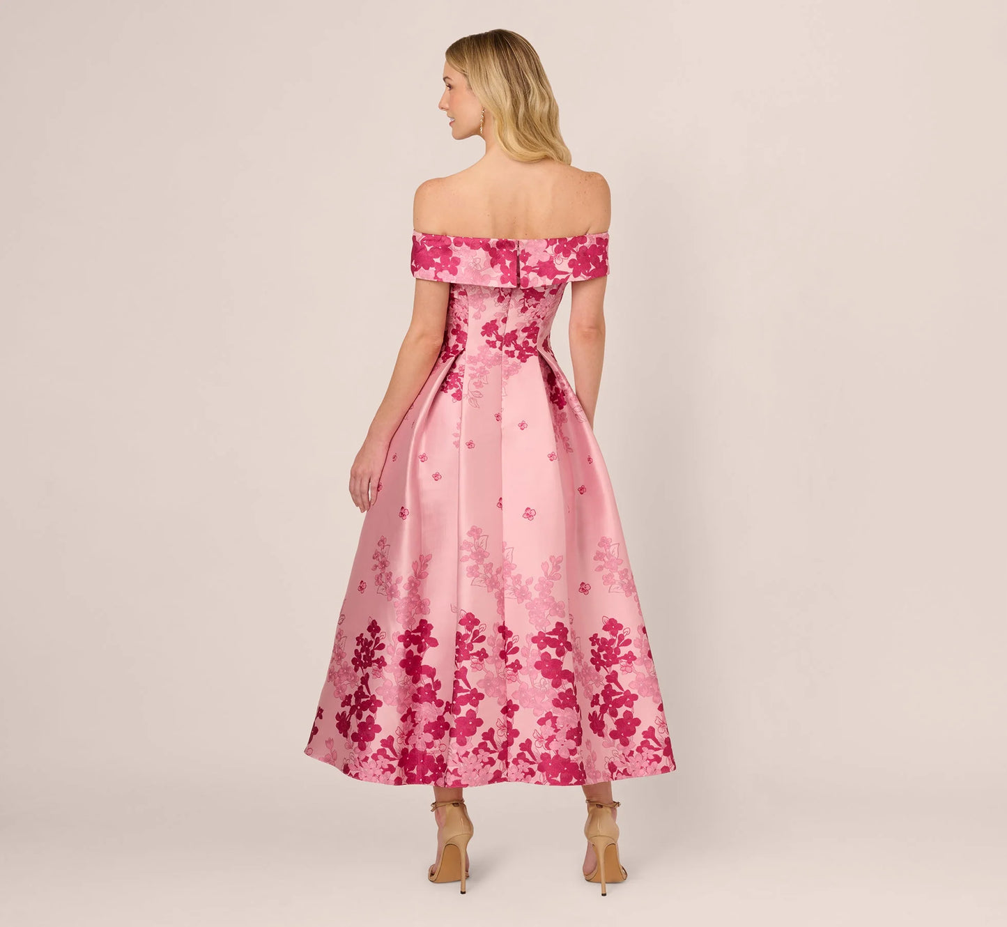 Floral Jacquard Ankle Length Dress With Off The Shoulder Neckline In Pink Multi