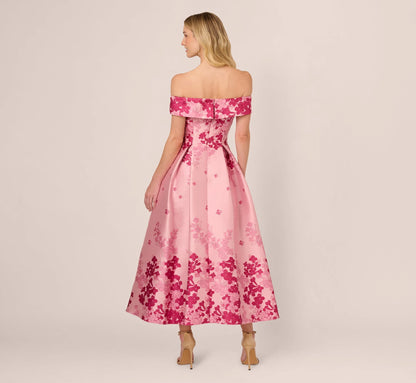 Floral Jacquard Ankle Length Dress With Off The Shoulder Neckline In Pink Multi