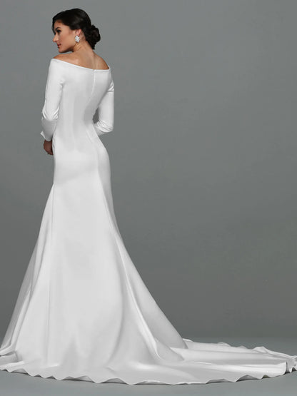 SATIN FIT AND FLARE WEDDING DRESS WITH LONG SLEEVES