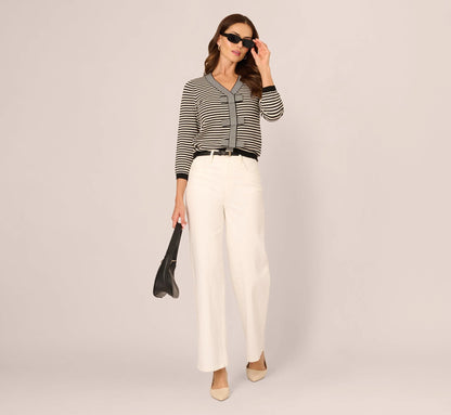 Three Quarter Sleeve Bow Pullover Sweater In Cream Black