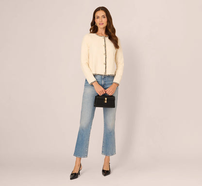 Fringe Trim Boucle Tweed Cardigan Jacket In Ivory Black