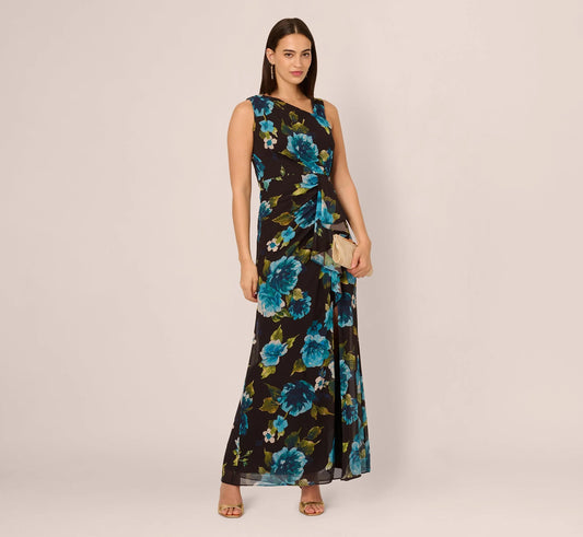 Asymmetrical Draped Floral Chiffon Gown In Black Multi