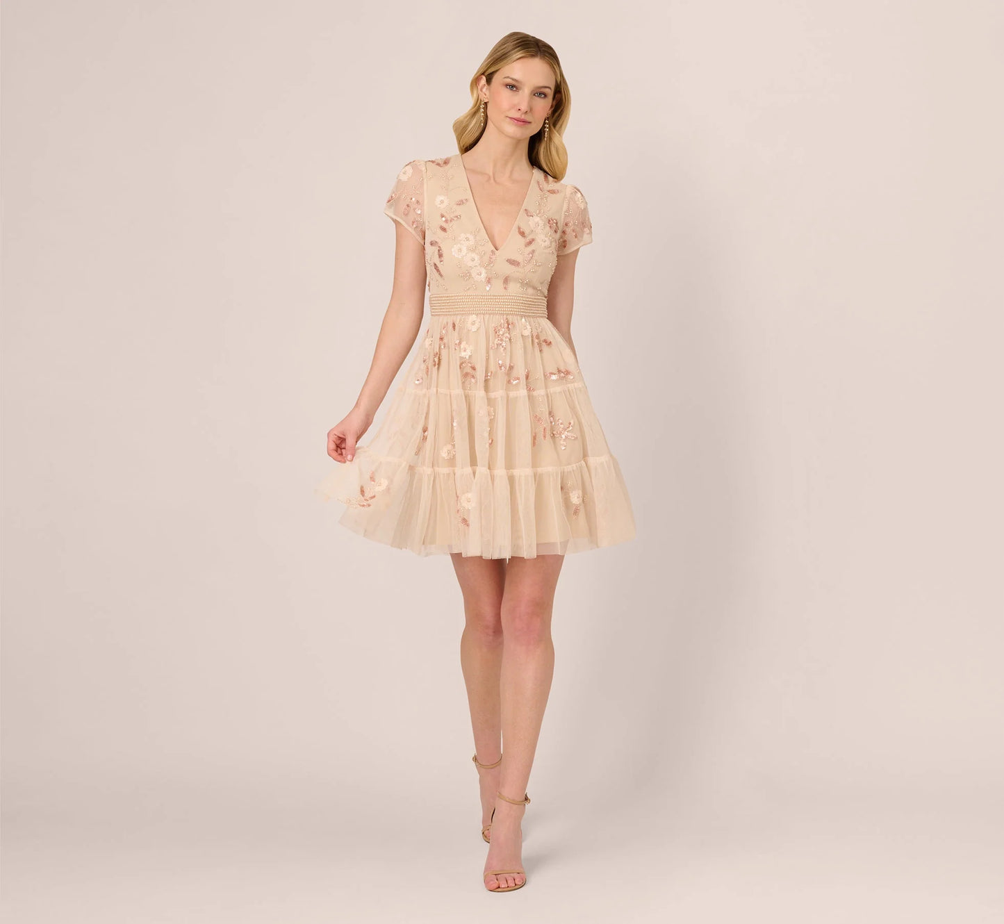 Cap Sleeve Pearly Sequin Cocktail Dress In Pale Pink