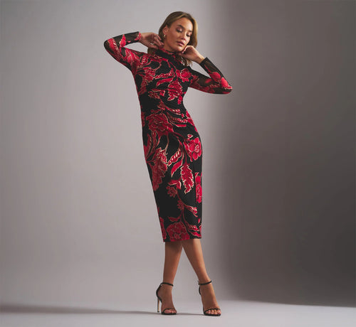 Long Sleeve Floral Mesh Bodycon Midi Dress In Black Multi