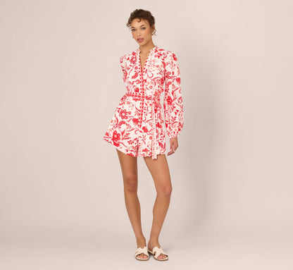 Long Sleeve Tie Front Floral Romper In White Coral Multi