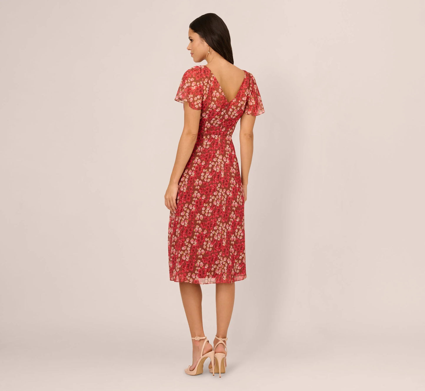 Flutter Sleeve Boat Neck Floral Chiffon Midi Dress In Mocha Multi