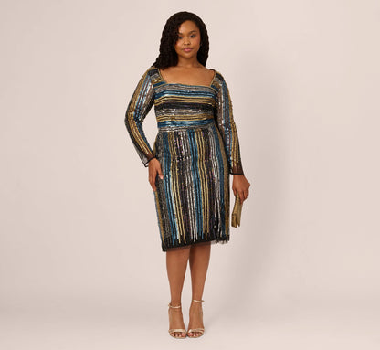 Plus Size Sequin Beaded Sheath Dress With Sheer Long Sleeves In Black Blue Multi