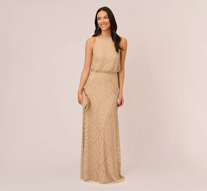 Art Deco Beaded Blouson Dress With Halter Neckline In Champagne Gold