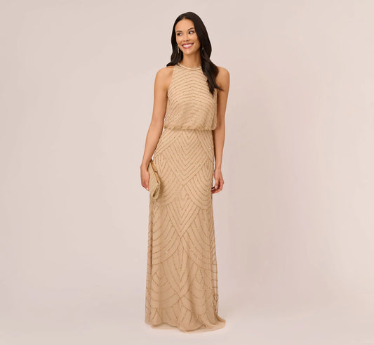 Art Deco Beaded Blouson Dress With Halter Neckline In Champagne Gold
