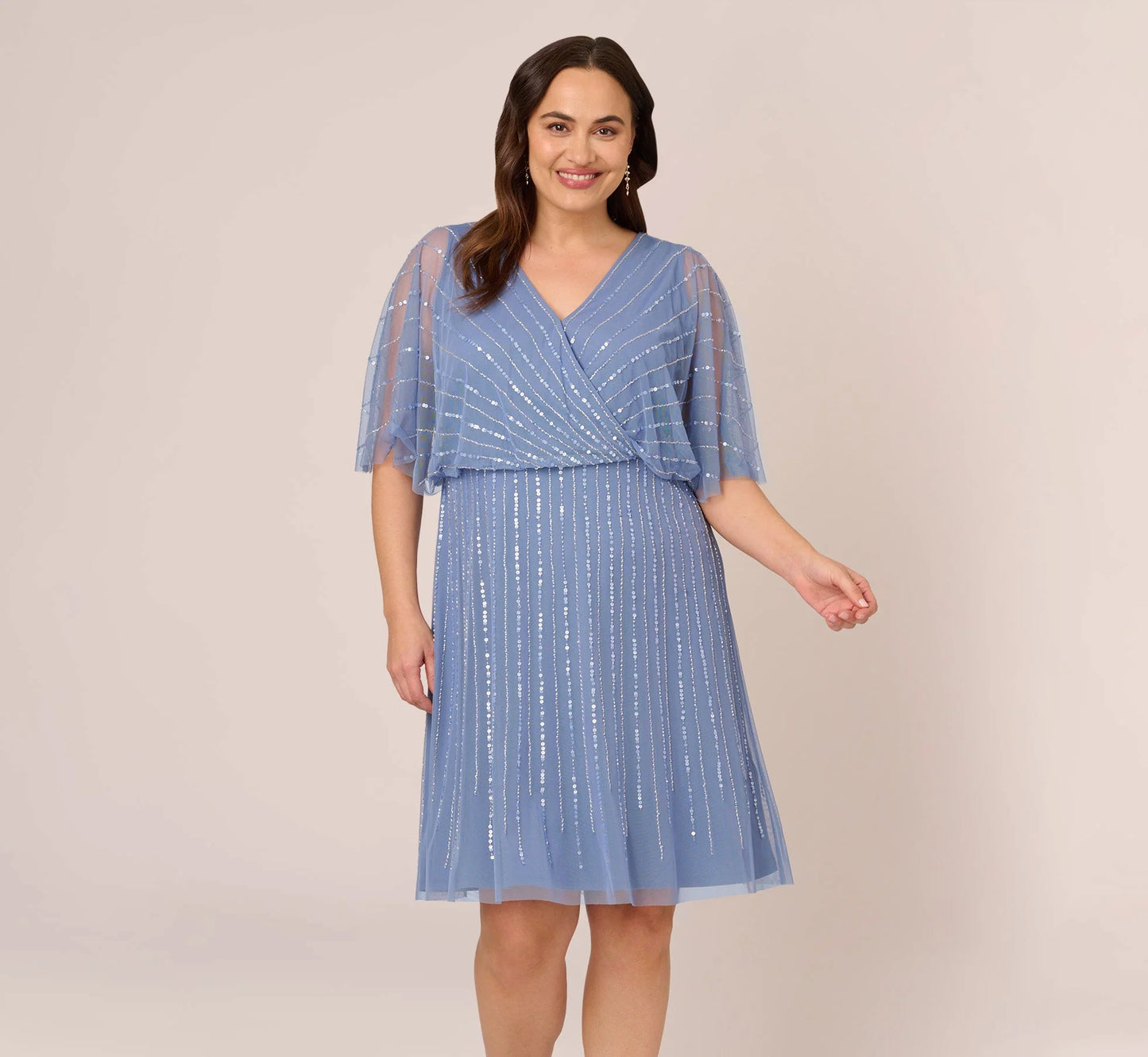 Plus Size Hand Beaded Illusion Faux Wrap Short Cocktail Dress In French Blue