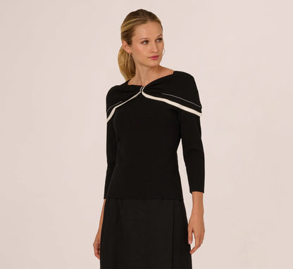 Off Shoulder Bow Collar Sweater In Black Ivory