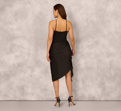 Draped Satin Halter Combo Dress In Black