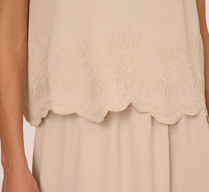 Flutter Sleeve Embroidery Scalloped Hem Top In Bamboo Wood