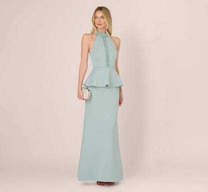Sleeveless Pearly Halter Peplum Gown In Aqua Dust