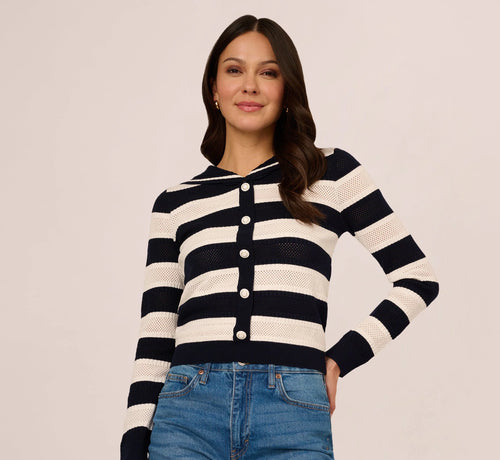 Striped Open Knit Sailor Collar Cardigan In Blue Moon Ivory