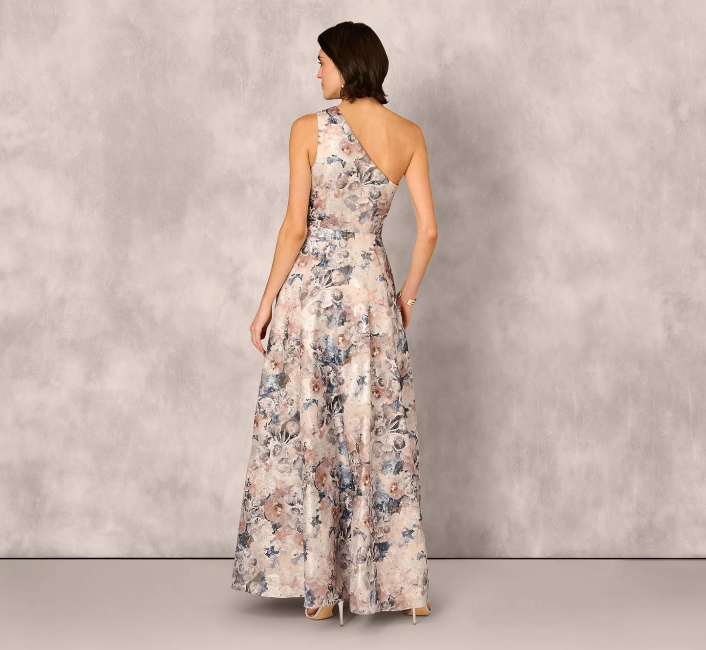 One Shoulder Floral Jacquard Ruffle Gown In Blue Multi