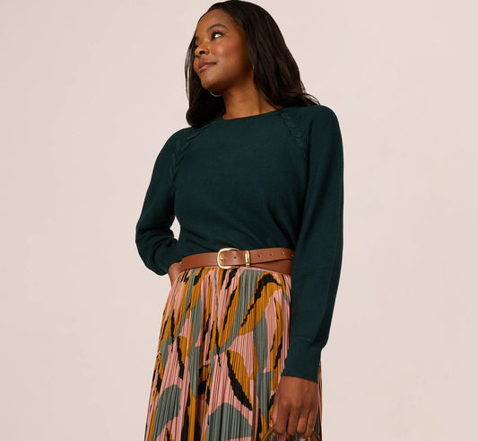 Long Sleeve Laced Raglan Sweater In Forest Teal
