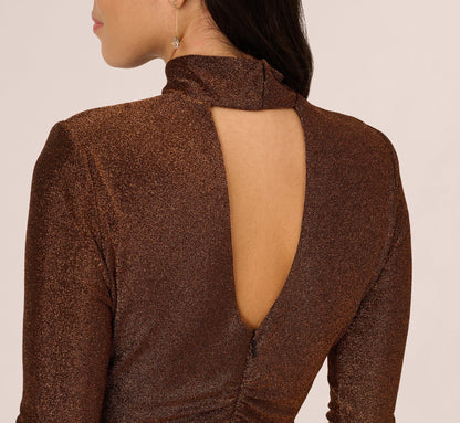 Long Sleeve Shimmer Knit Midi Dress In Bronze Black